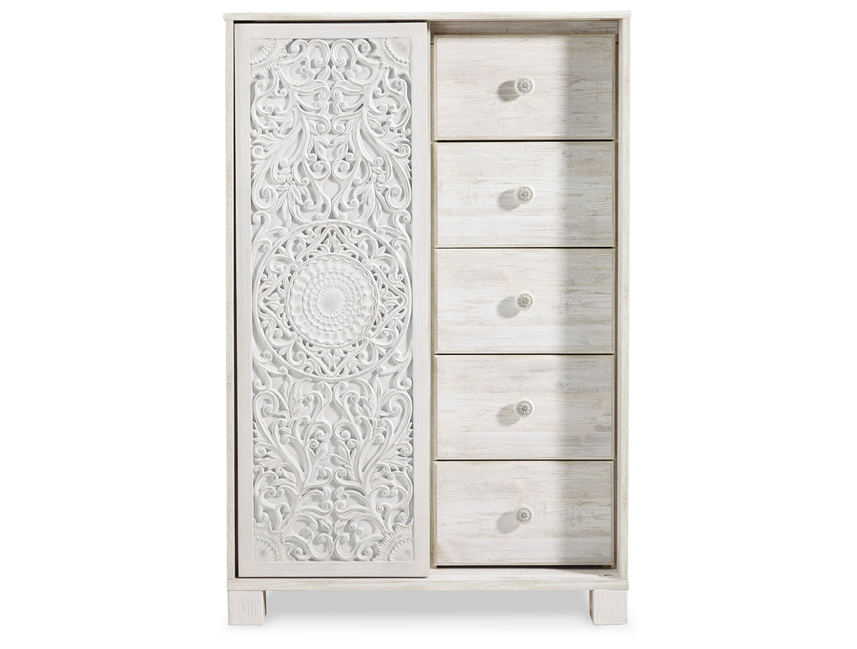 Paxberry King Panel Bed with Mirrored Dresser, Chest and 2 Nightstands in Whitewash from Ashley Furniture - Luna Furniture