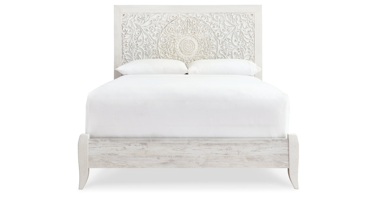 Paxberry Queen Panel Bed with Mirrored Dresser and 2 Nightstands in Whitewash from Ashley - Luna Furniture