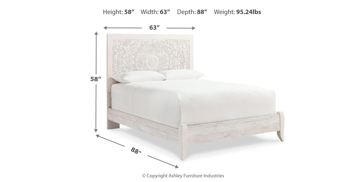 Paxberry Queen Panel Bed with Mirrored Dresser and Chest in Whitewash from Ashley - Luna Furniture