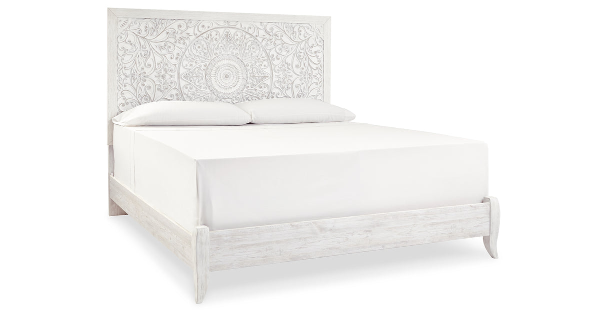Paxberry King Panel Bed with Mirrored Dresser and Chest in Whitewash from Ashley - Luna Furniture