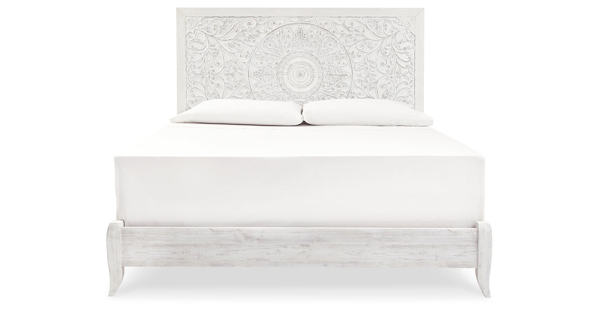 Paxberry King Panel Bed with Mirrored Dresser and Chest in Whitewash from Ashley - Luna Furniture