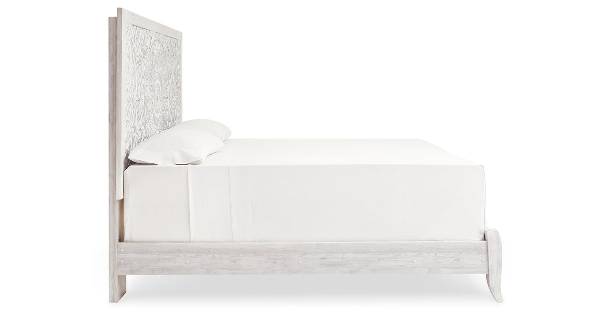 Paxberry King Panel Bed with Mirrored Dresser and Chest in Whitewash from Ashley - Luna Furniture