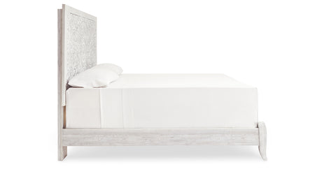 Paxberry King Panel Bed with Mirrored Dresser, Chest and 2 Nightstands in Whitewash from Ashley - Luna Furniture