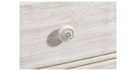 Paxberry King Panel Bed with Mirrored Dresser, Chest and 2 Nightstands in Whitewash from Ashley - Luna Furniture