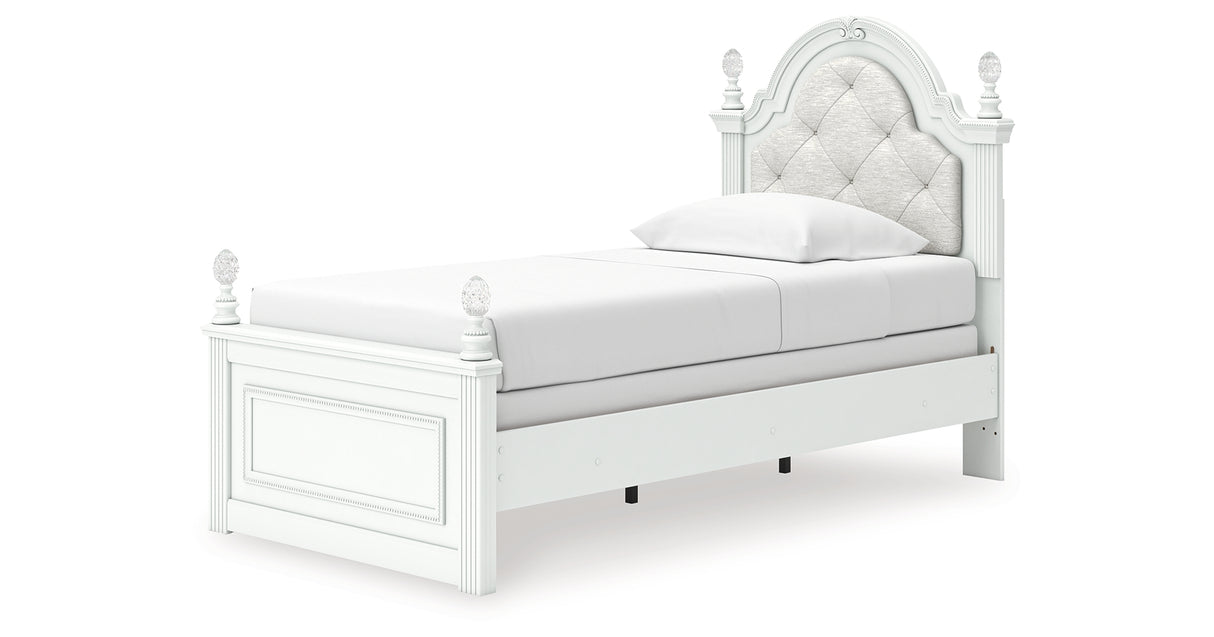 Kozlani Twin Upholstered Panel Bed with Mirrored Dresser and Nightstand in White from Ashley Furniture - Luna Furniture