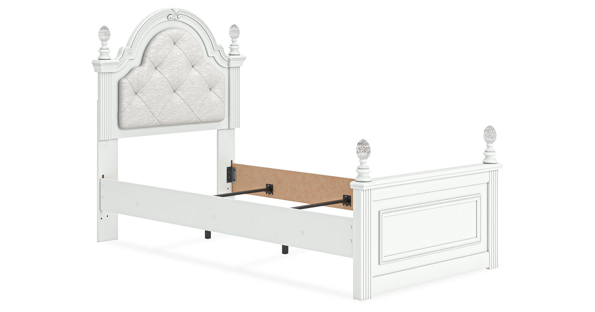 Kozlani Twin Upholstered Panel Bed with Mirrored Dresser and Nightstand in White from Ashley Furniture - Luna Furniture