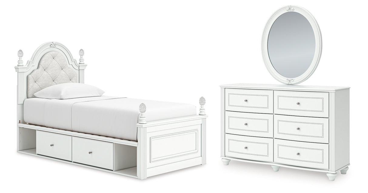 Kozlani Twin Upholstered Panel Storage Bed with Mirrored Dresser in White from Ashley - Luna Furniture