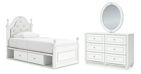 Kozlani Twin Upholstered Panel Storage Bed with Mirrored Dresser in White from Ashley - Luna Furniture
