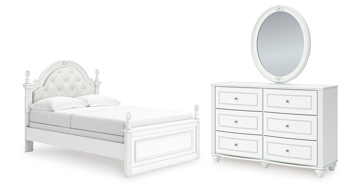 Kozlani Full Upholstered Panel Bed with Mirrored Dresser in White from Ashley Furniture - Luna Furniture