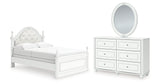 Kozlani Full Upholstered Panel Bed with Mirrored Dresser in White from Ashley Furniture - Luna Furniture