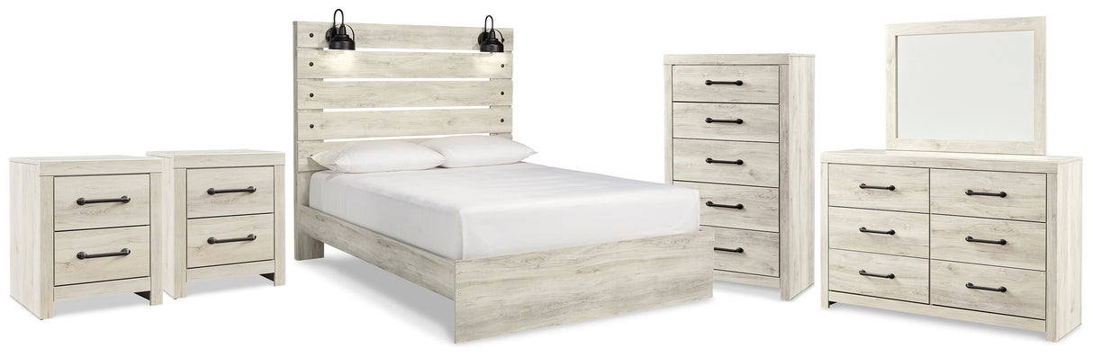 Cambeck Queen Panel Bed with Mirrored Dresser, Chest and 2 Nightstands in Whitewash from Ashley - Luna Furniture