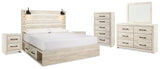 Cambeck King Panel Bed with 2 Storage Drawers with Mirrored Dresser, Chest and 2 Nightstands in Whitewash from Ashley Furniture - Luna Furniture