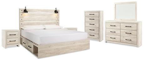 Cambeck King Panel Bed with 2 Storage Drawers with Mirrored Dresser, Chest and 2 Nightstands in Whitewash from Ashley Furniture - Luna Furniture