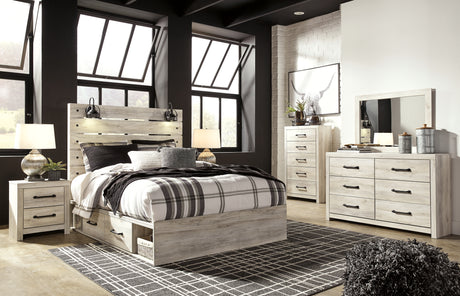 Cambeck Queen Panel Bed with 4 Storage Drawers with Mirrored Dresser, Chest and 2 Nightstands in Whitewash from Ashley Furniture - Luna Furniture