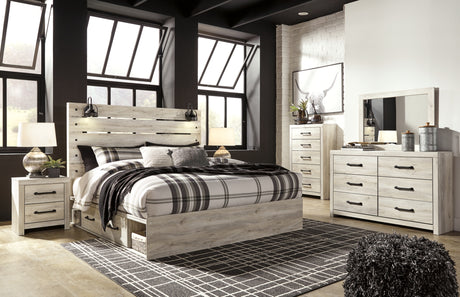 Cambeck King Panel Bed with 2 Storage Drawers with Mirrored Dresser, Chest and 2 Nightstands in Whitewash from Ashley Furniture - Luna Furniture