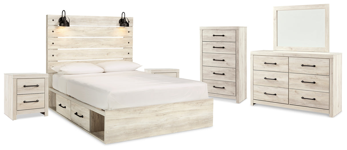 Cambeck Queen Panel Bed with 4 Storage Drawers with Mirrored Dresser and 2 Nightstands in Whitewash from Ashley Furniture - Luna Furniture