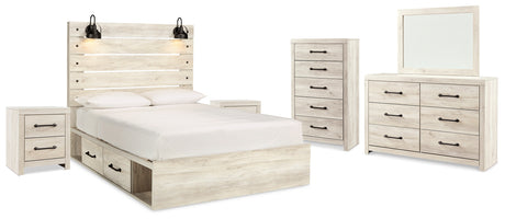 Cambeck Queen Panel Bed with 4 Storage Drawers with Mirrored Dresser and 2 Nightstands in Whitewash from Ashley Furniture - Luna Furniture