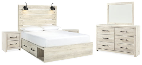 Cambeck Queen Panel Bed with 2 Storage Drawers with Mirrored Dresser and 2 Nightstands in Whitewash from Ashley Furniture - Luna Furniture