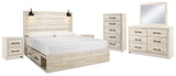 Cambeck King Panel Bed with 4 Storage Drawers with Mirrored Dresser, Chest and 2 Nightstands in Whitewash from Ashley Furniture - Luna Furniture