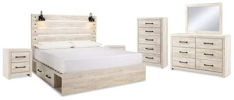 Cambeck King Panel Bed with 4 Storage Drawers with Mirrored Dresser, Chest and 2 Nightstands in Whitewash from Ashley Furniture - Luna Furniture