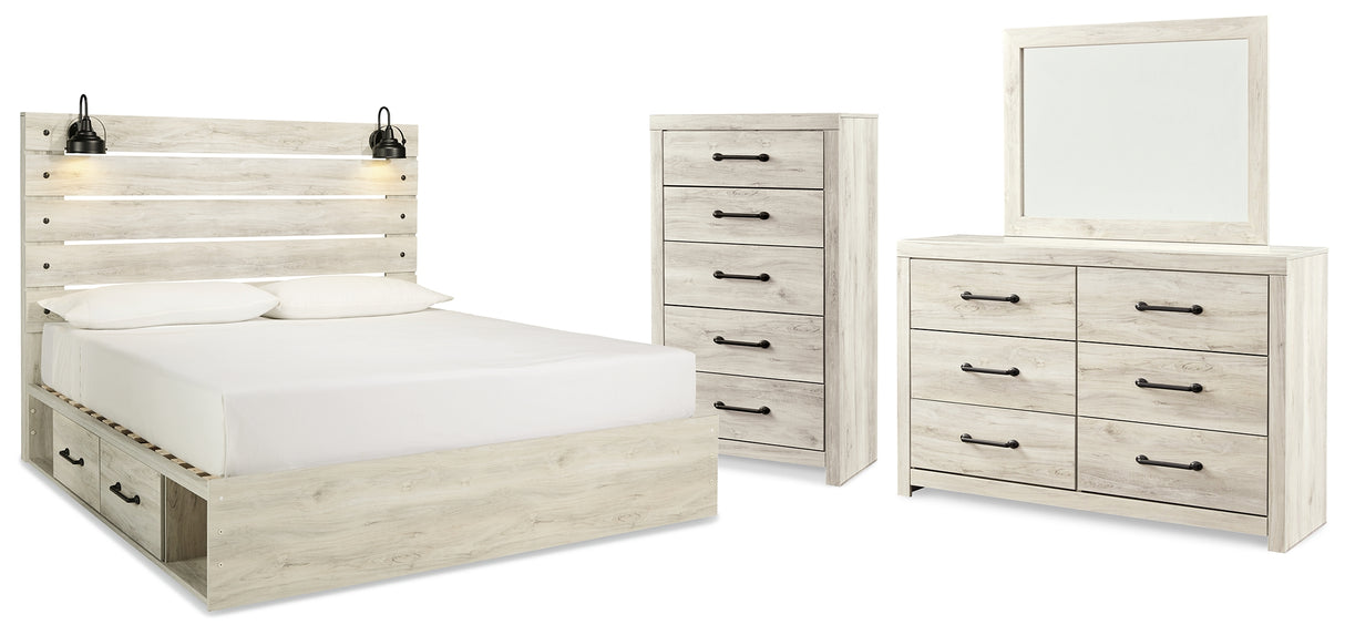 Cambeck Queen Panel Bed with 4 Storage Drawers with Mirrored Dresser and Chest in Whitewash from Ashley Furniture - Luna Furniture