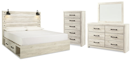 Cambeck Queen Panel Bed with 4 Storage Drawers with Mirrored Dresser and Chest in Whitewash from Ashley Furniture - Luna Furniture