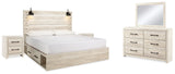 Cambeck King Panel Bed with 4 Storage Drawers with Mirrored Dresser and 2 Nightstands in Whitewash from Ashley Furniture - Luna Furniture
