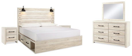 Cambeck King Panel Bed with 4 Storage Drawers with Mirrored Dresser and 2 Nightstands in Whitewash from Ashley Furniture - Luna Furniture