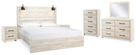 Cambeck King Panel Bed with Mirrored Dresser, Chest and 2 Nightstands in Whitewash from Ashley Furniture - Luna Furniture