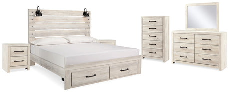 Cambeck King Panel Bed with 2 Storage Drawers with Mirrored Dresser, Chest and 2 Nightstands in Whitewash from Ashley Furniture - Luna Furniture
