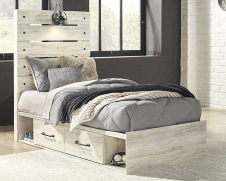 Cambeck Twin Panel Bed with 4 Storage Drawers with Mirrored Dresser, Chest and 2 Nightstands in Whitewash from Ashley Furniture - Luna Furniture