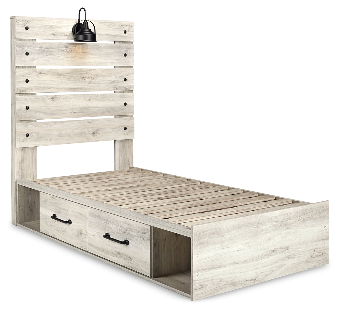 Cambeck Twin Panel Bed with 4 Storage Drawers with Mirrored Dresser, Chest and 2 Nightstands in Whitewash from Ashley Furniture - Luna Furniture