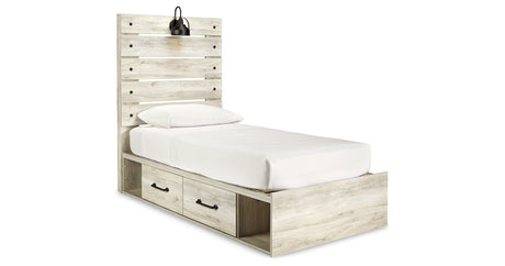 Cambeck Twin Panel Bed with 4 Storage Drawers with Mirrored Dresser and 2 Nightstands in Whitewash from Ashley Furniture - Luna Furniture