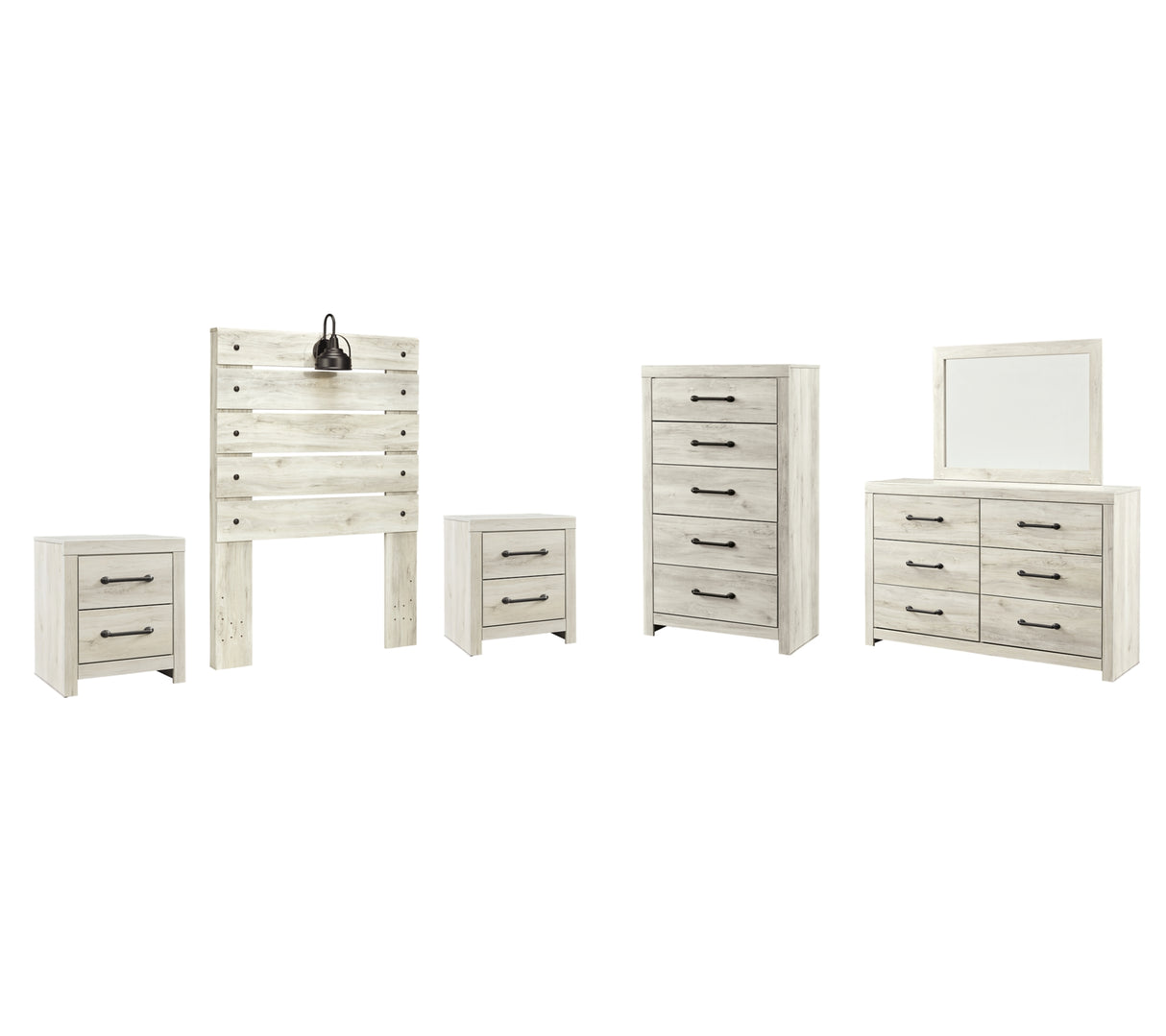 Cambeck Twin Panel Headboard Bed with Mirrored Dresser, Chest and 2 Nightstands in Whitewash from Ashley Furniture - Luna Furniture