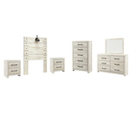 Cambeck Twin Panel Headboard Bed with Mirrored Dresser, Chest and 2 Nightstands in Whitewash from Ashley Furniture - Luna Furniture