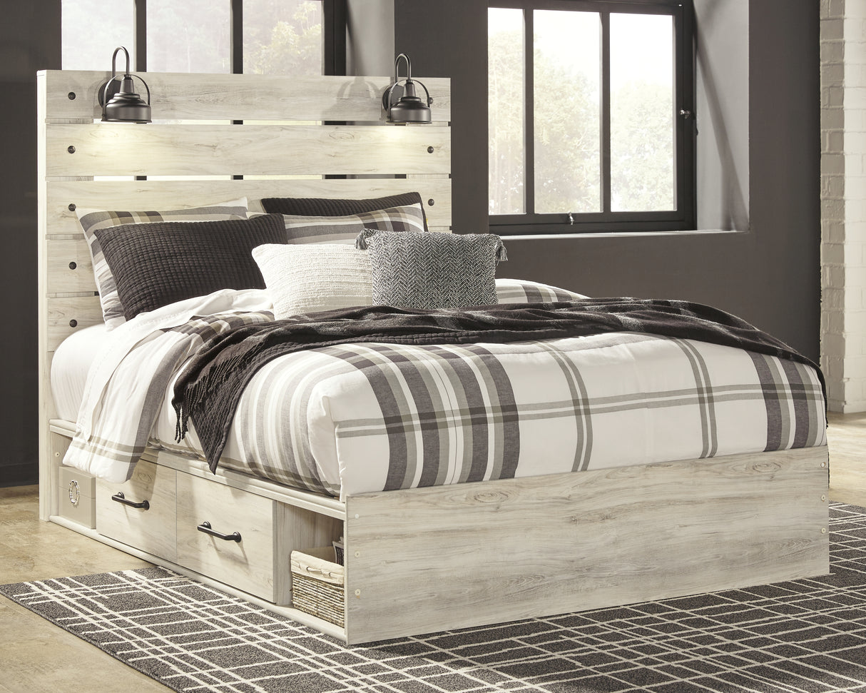 Cambeck Queen Panel Bed with 2 Storage Drawers with Mirrored Dresser, Chest and 2 Nightstands in Whitewash from Ashley Furniture - Luna Furniture