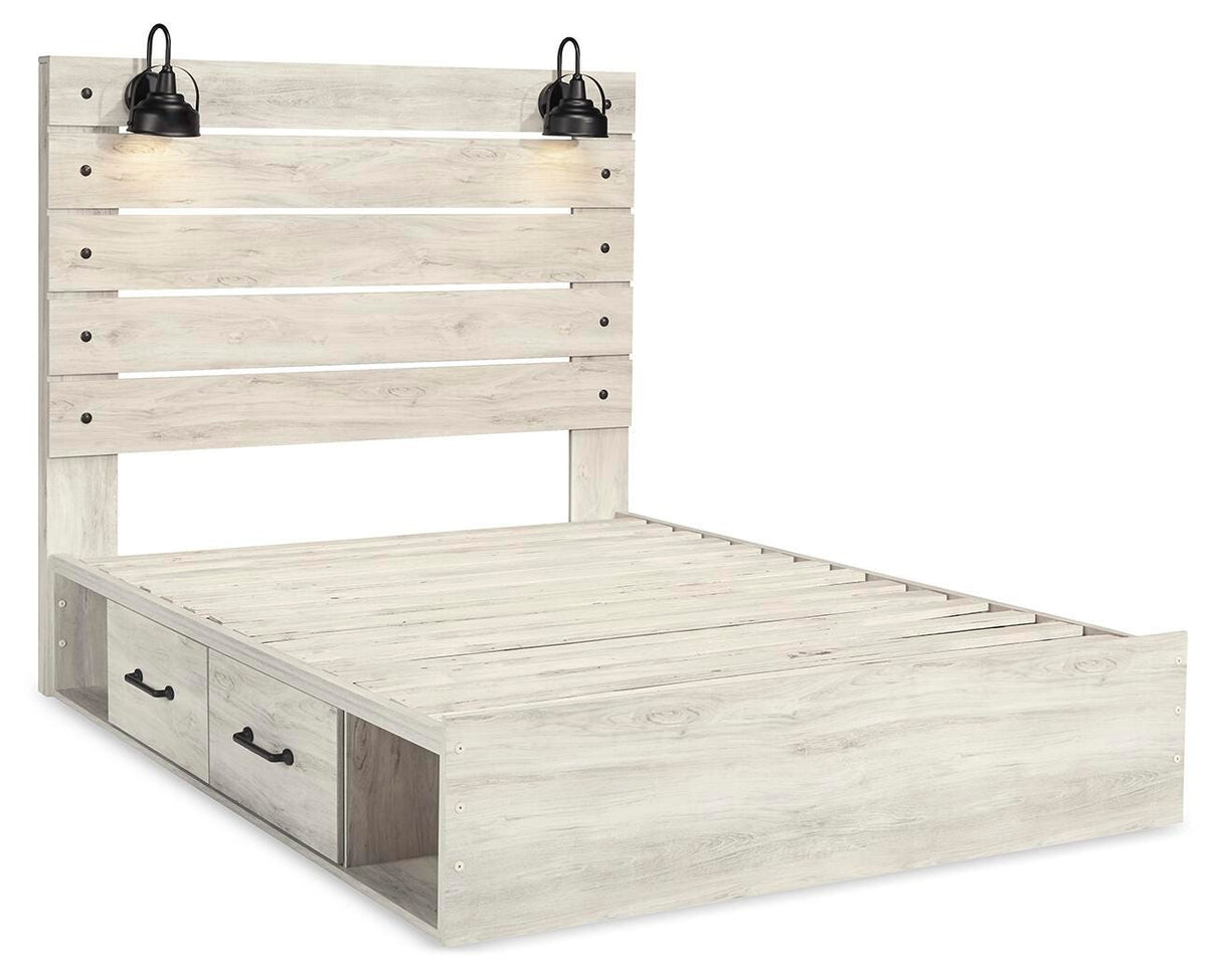 Cambeck Queen Panel Bed with 2 Storage Drawers with Mirrored Dresser and 2 Nightstands in Whitewash from Ashley Furniture - Luna Furniture