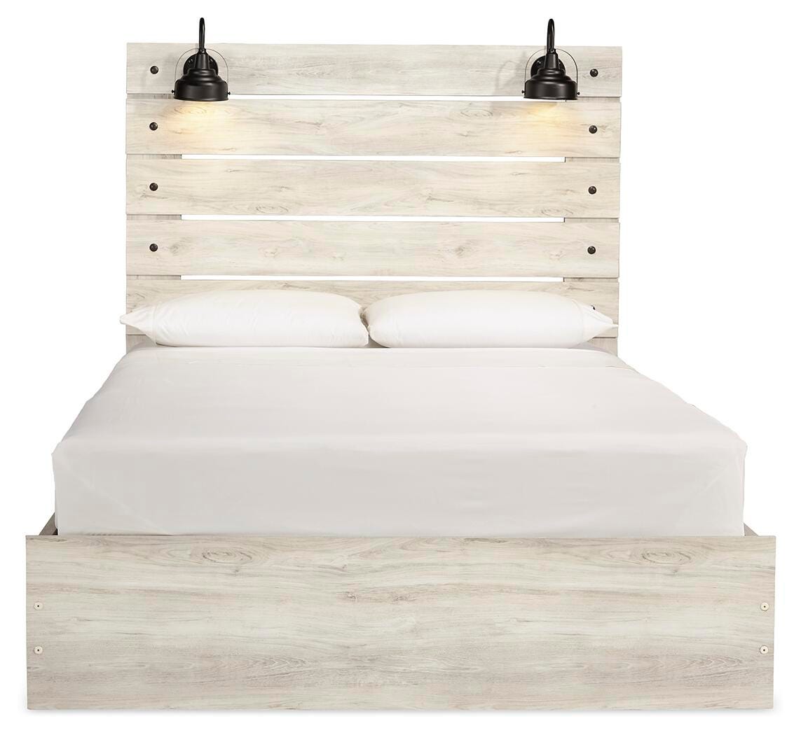 Cambeck Queen Panel Bed with 4 Storage Drawers with Mirrored Dresser and 2 Nightstands in Whitewash from Ashley Furniture - Luna Furniture