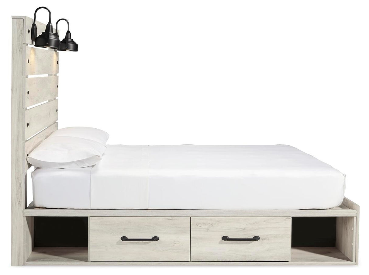 Cambeck Queen Panel Bed with 4 Storage Drawers with Mirrored Dresser, Chest and 2 Nightstands in Whitewash from Ashley Furniture - Luna Furniture
