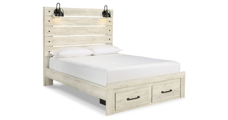 Cambeck Queen Panel Bed with 2 Storage Drawers with Mirrored Dresser, Chest and 2 Nightstands in Whitewash from Ashley Furniture - Luna Furniture