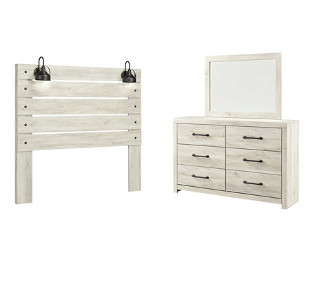 Cambeck Queen Panel Headboard Bed with Mirrored Dresser in Whitewash from Ashley Furniture - Luna Furniture