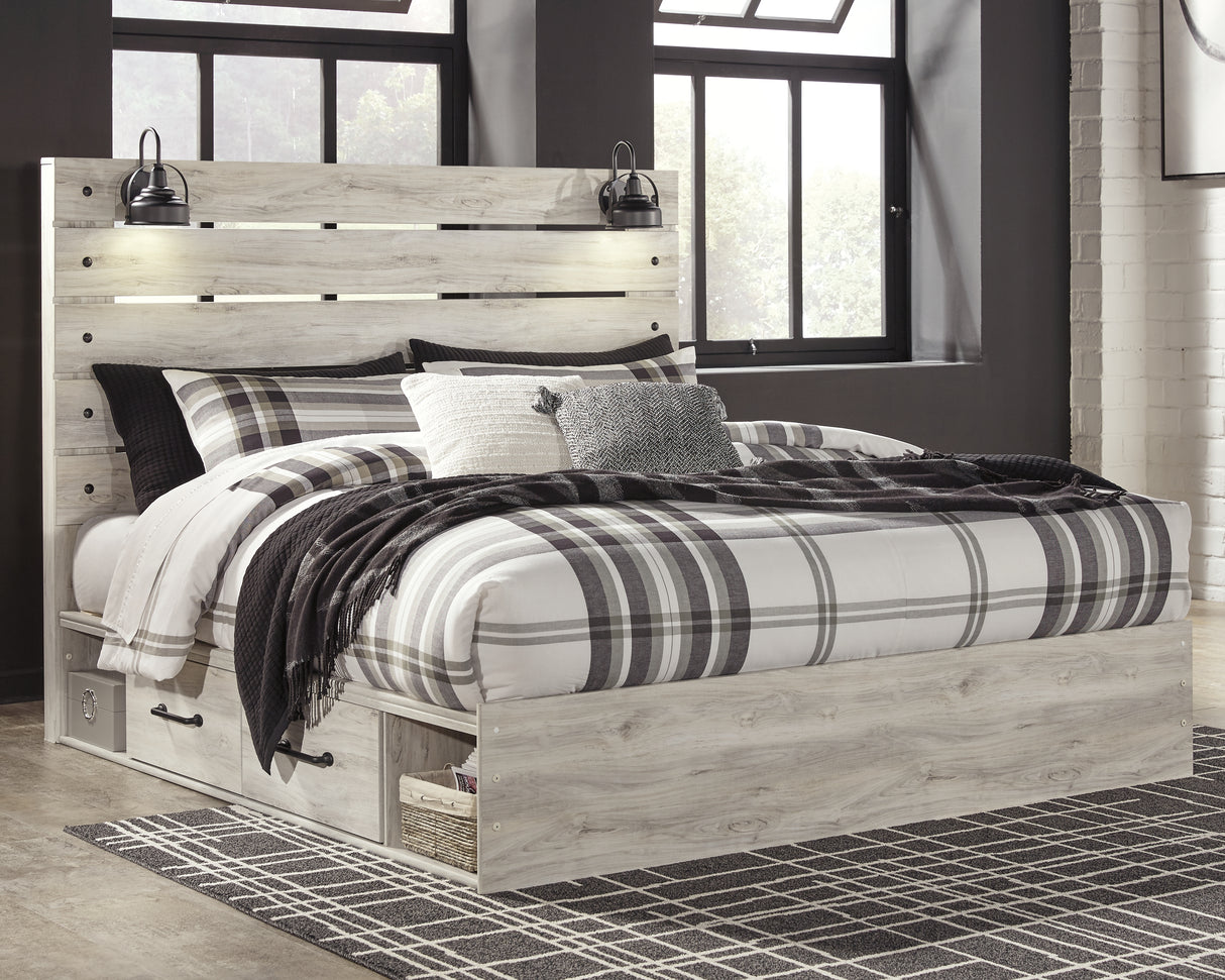 Cambeck Queen Panel Bed with 4 Storage Drawers with Mirrored Dresser and Chest in Whitewash from Ashley Furniture - Luna Furniture