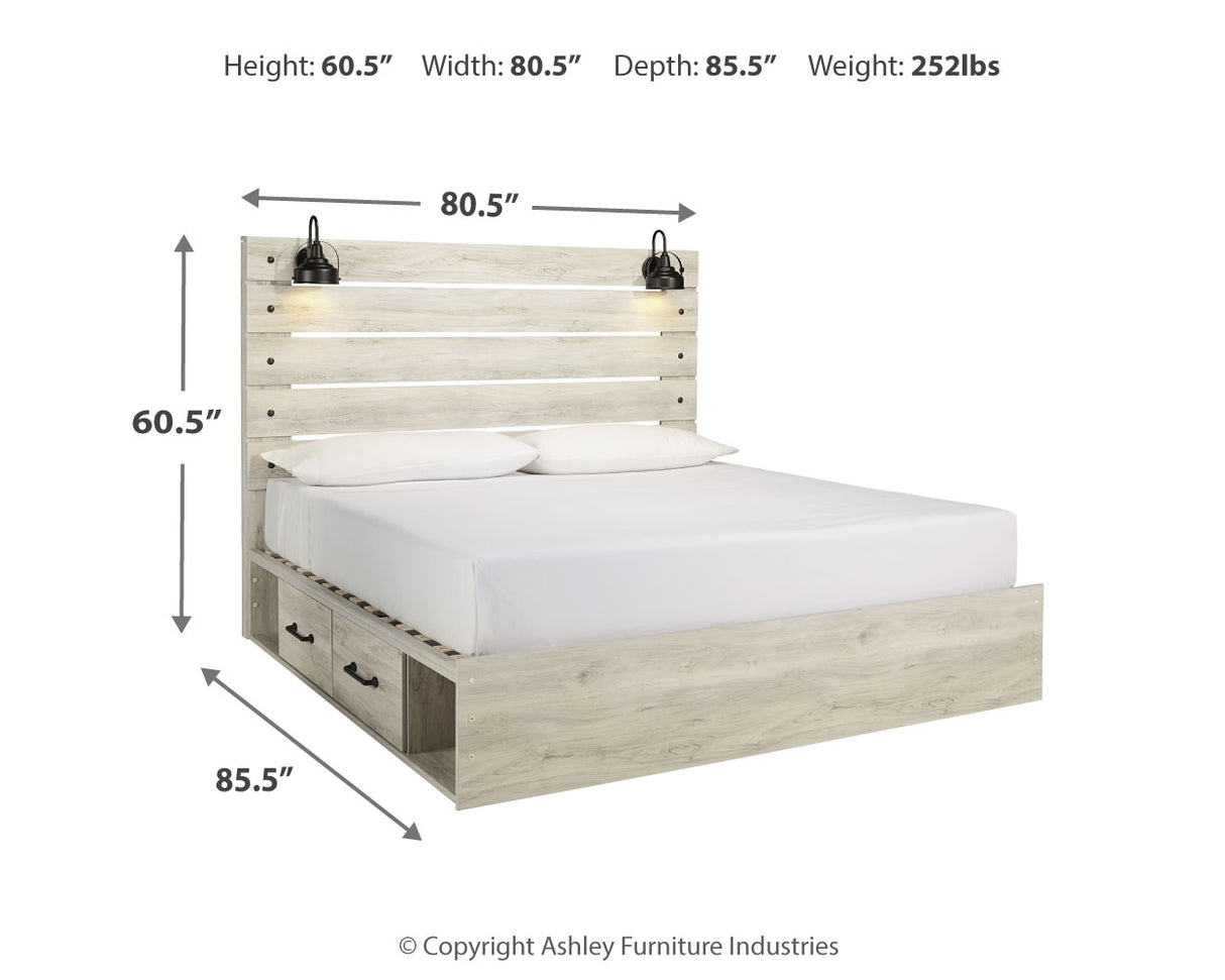 Cambeck King Panel Bed with 2 Storage Drawers with Mirrored Dresser, Chest and 2 Nightstands in Whitewash from Ashley Furniture - Luna Furniture
