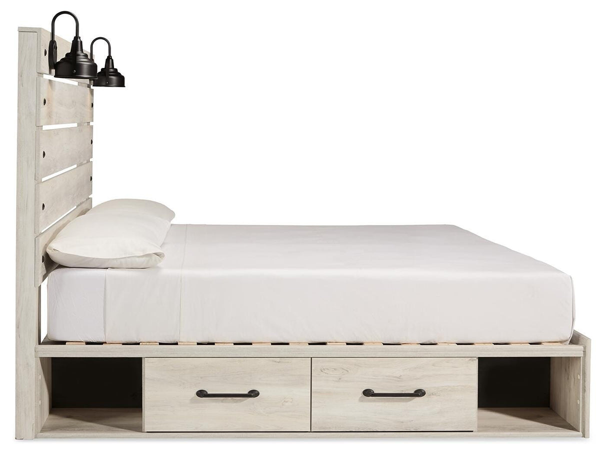 Cambeck King Panel Bed with 2 Storage Drawers with Mirrored Dresser and 2 Nightstands in Whitewash from Ashley Furniture - Luna Furniture