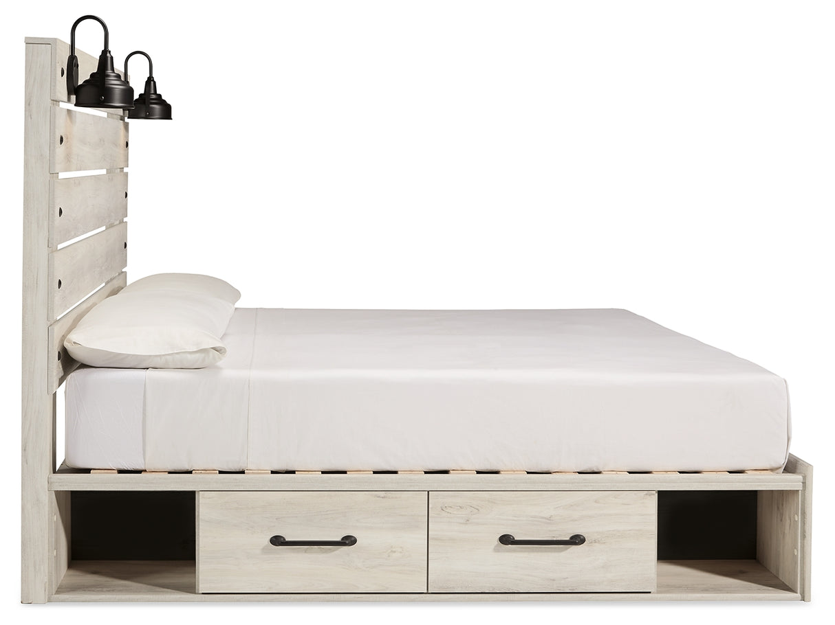 Cambeck King Panel Bed with 2 Storage Drawers with Mirrored Dresser and 2 Nightstands in Whitewash from Ashley Furniture - Luna Furniture
