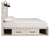 Cambeck King Panel Bed with 2 Storage Drawers with Mirrored Dresser and 2 Nightstands in Whitewash from Ashley Furniture - Luna Furniture