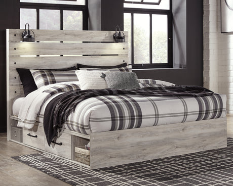 Cambeck King Panel Bed with 4 Storage Drawers with Mirrored Dresser, Chest and 2 Nightstands in Whitewash from Ashley Furniture - Luna Furniture