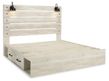 Cambeck King Panel Bed with 4 Storage Drawers with Mirrored Dresser and 2 Nightstands in Whitewash from Ashley Furniture - Luna Furniture