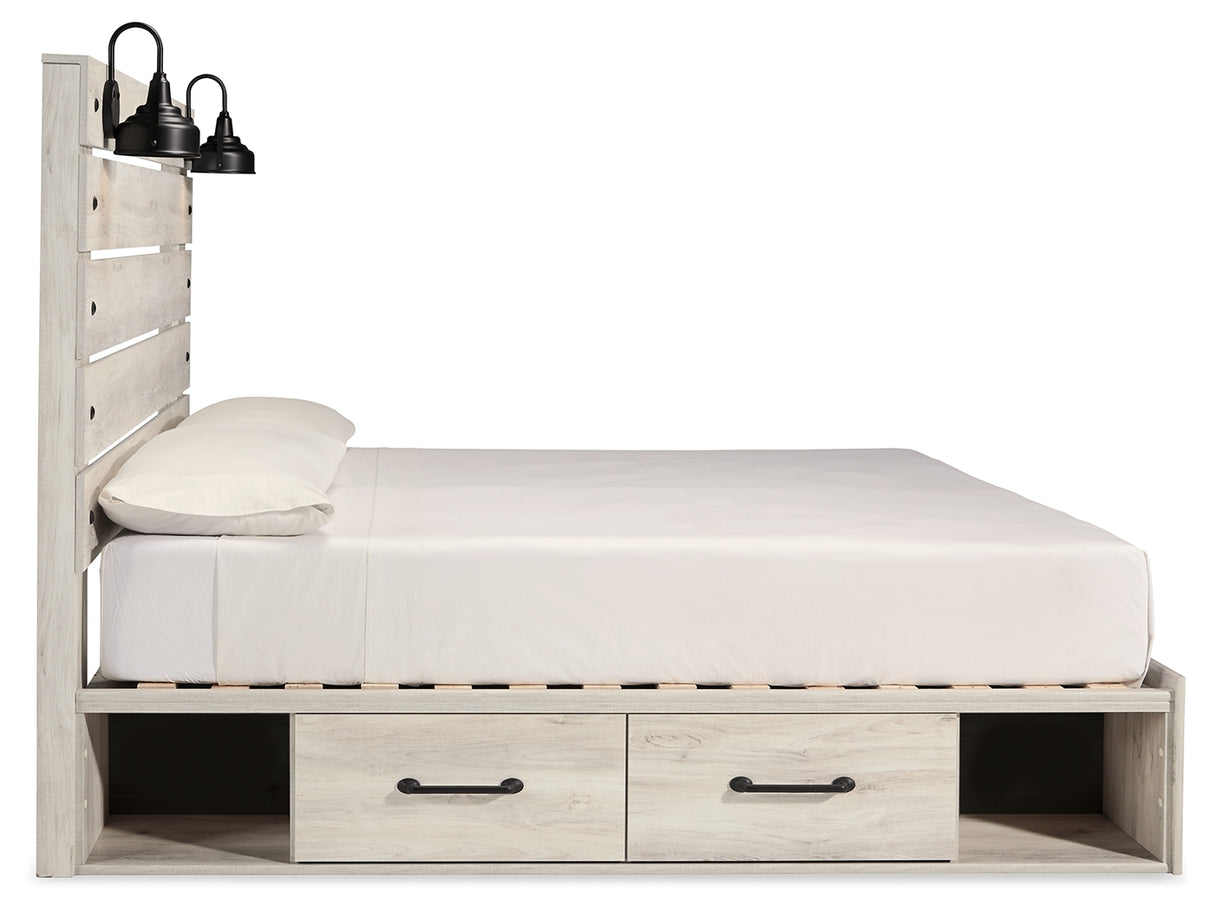 Cambeck King Panel Bed with 4 Storage Drawers with Mirrored Dresser, Chest and 2 Nightstands in Whitewash from Ashley Furniture - Luna Furniture