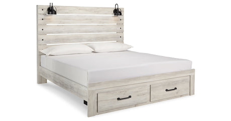 Cambeck King Panel Bed with 2 Storage Drawers with Mirrored Dresser and 2 Nightstands in Whitewash from Ashley Furniture - Luna Furniture